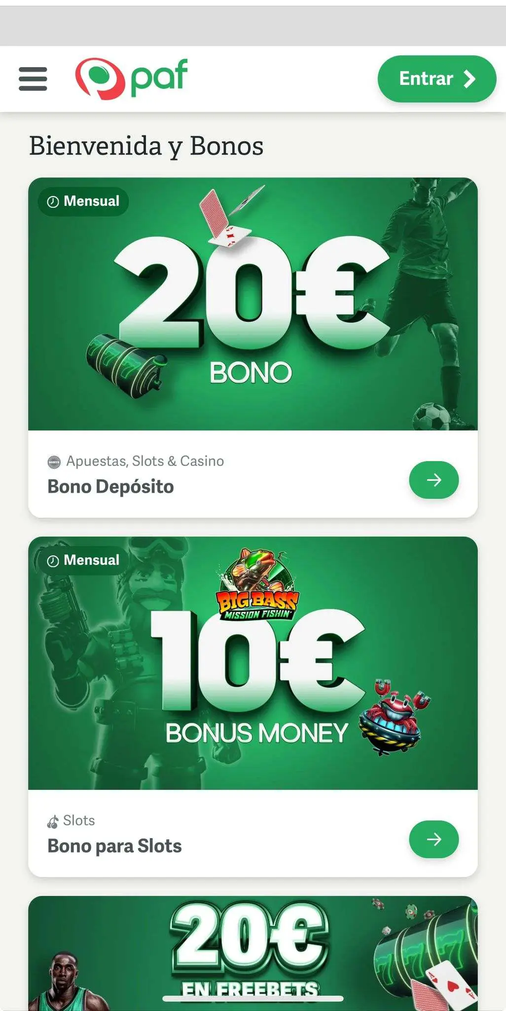 Bono móvil de Paf casino