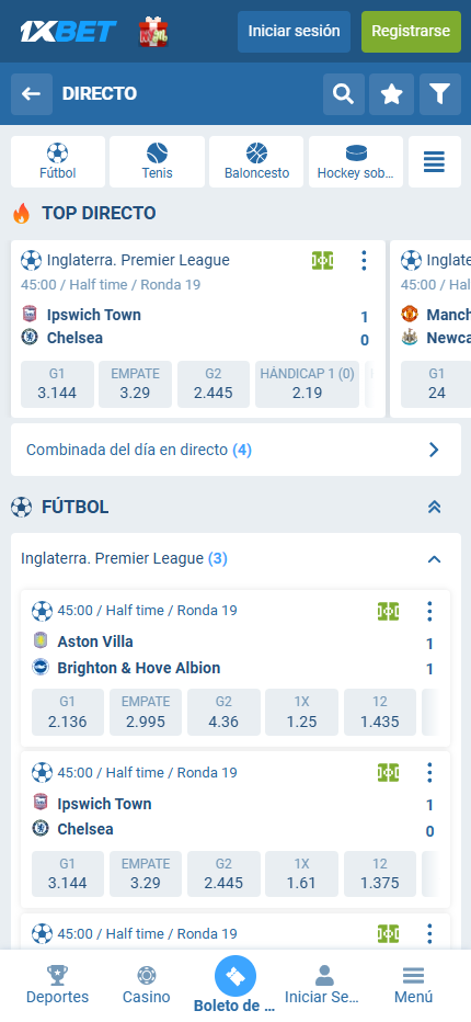 Pantalla de apuestas en vivo en la app móvil de 1xbet