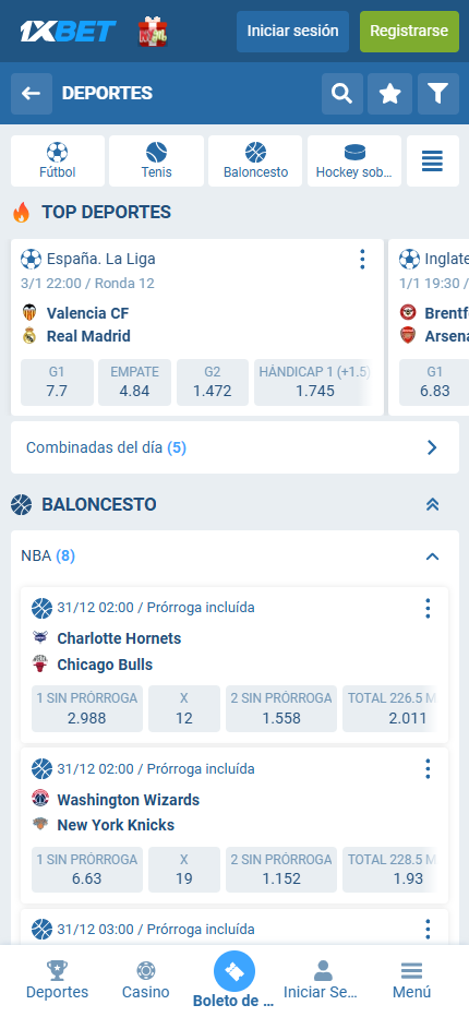 Pantalla móvil de 1xbet mostrando apuestas deportivas en España