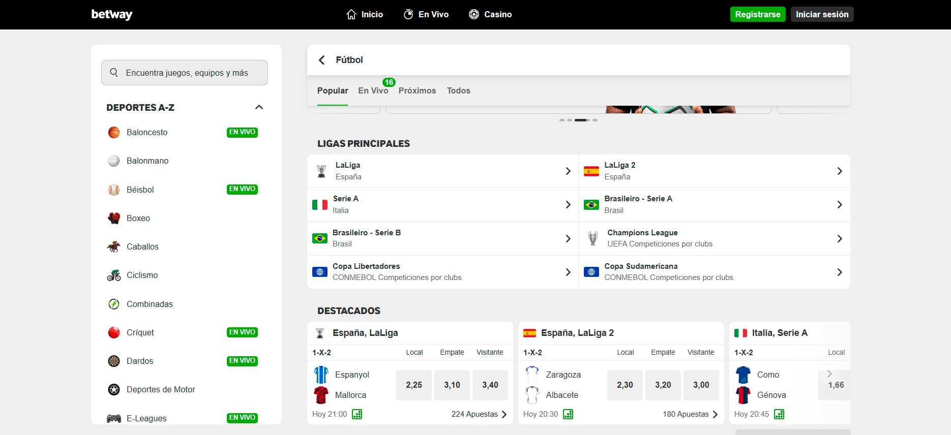 Seccion de apuestas en Betway