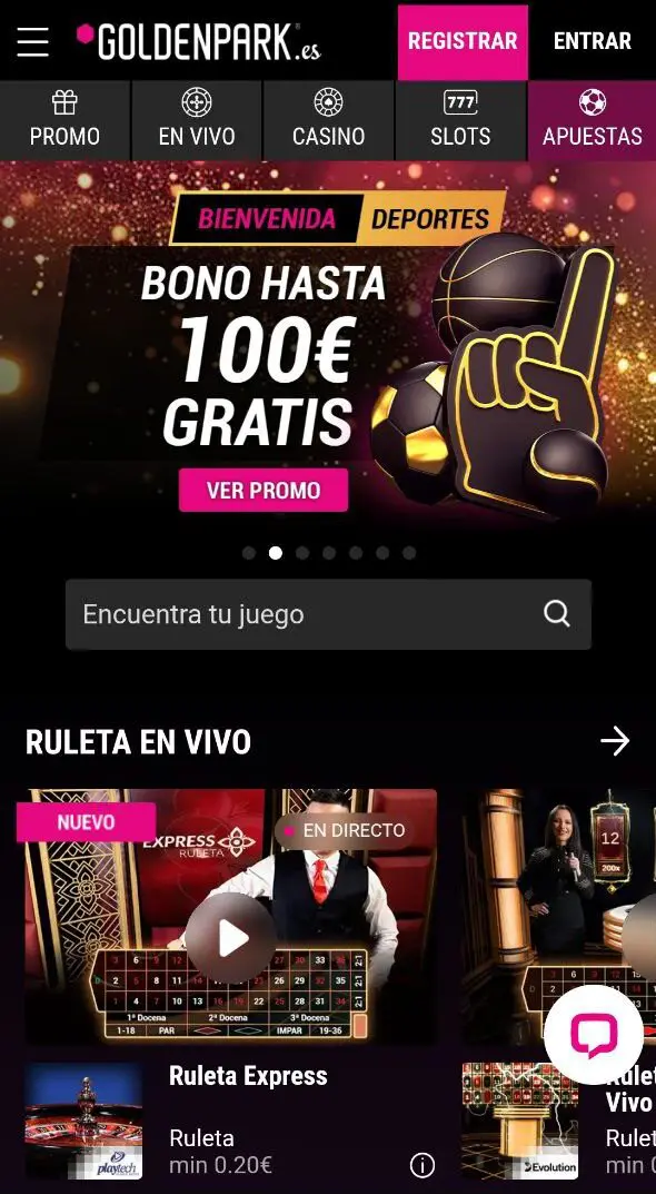 Interfaz de la app Goldenpark mostrando apuestas deportivas