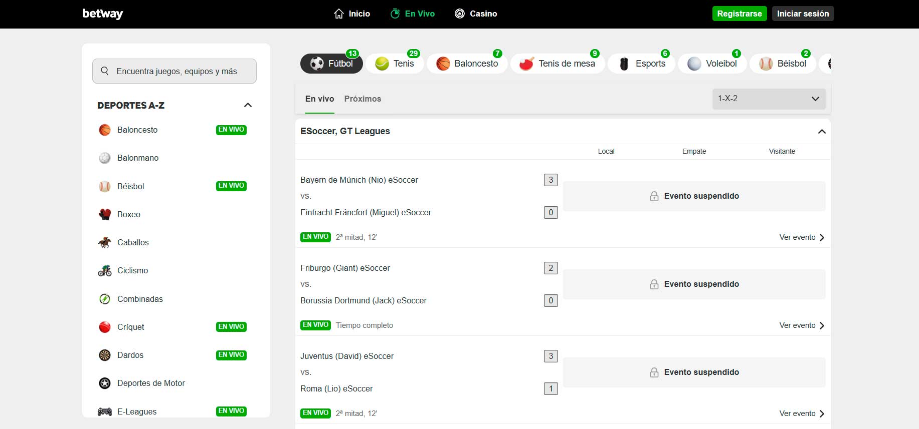 Seccion de apuestas en vivo de Betway en escritorio