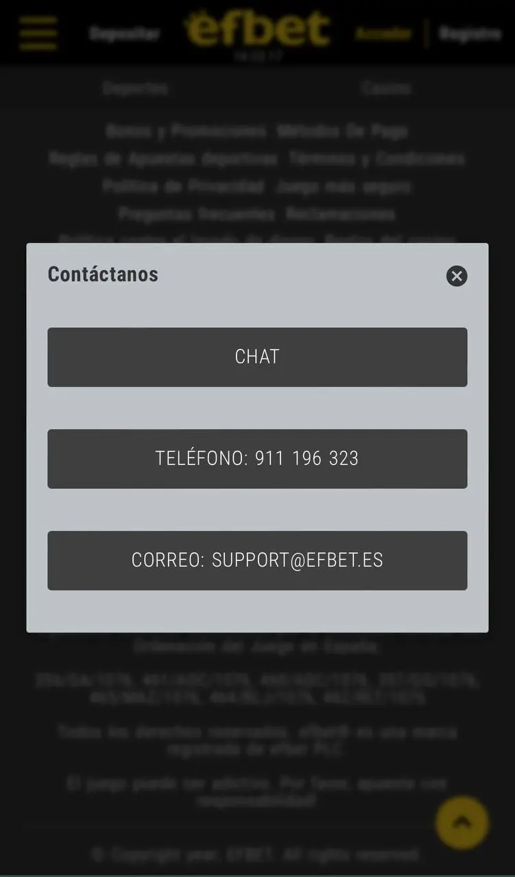 Interfaccia di assistenza clienti per l'accesso mobile su Efbet