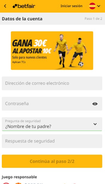 Betfair Apuestas Registro España versión móvil