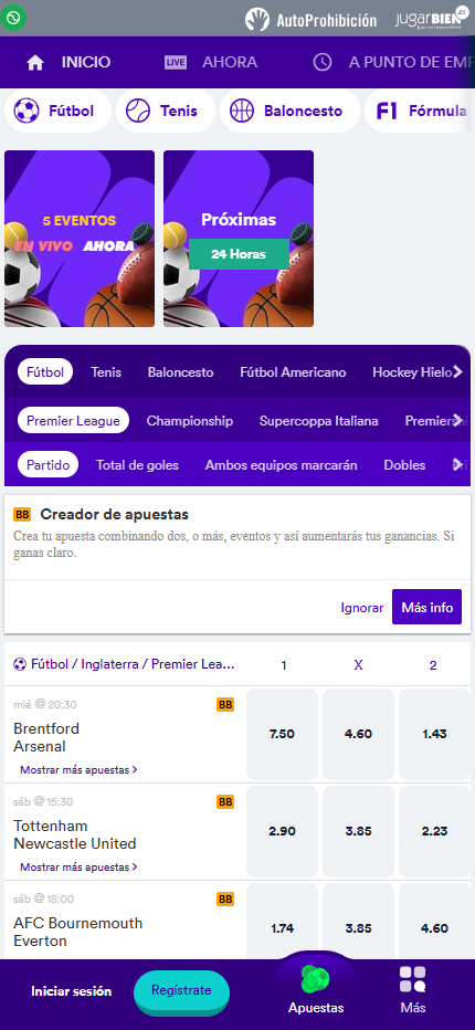 Interfaz de apuestas deportivas de Casumo en dispositivo móvil mostrando mercados de fútbol
