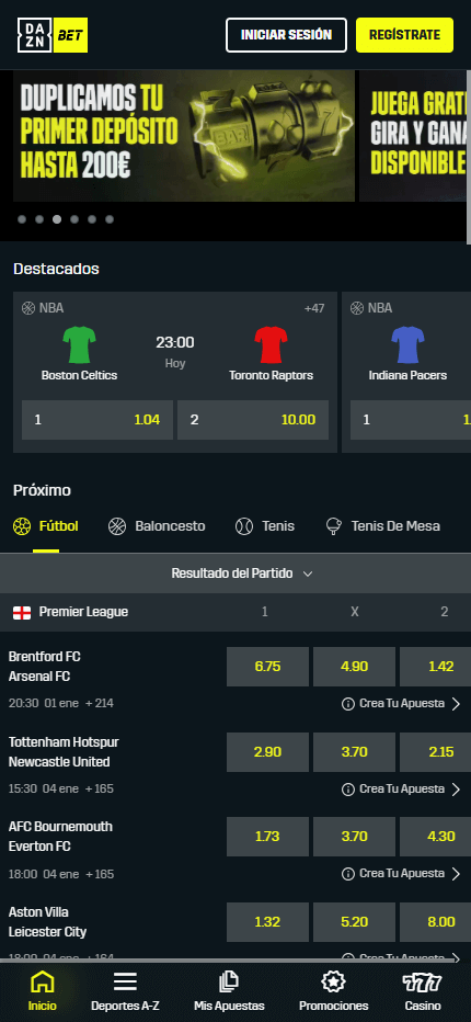 Pantalla móvil de DAZN Bet mostrando apuestas deportivas y casino