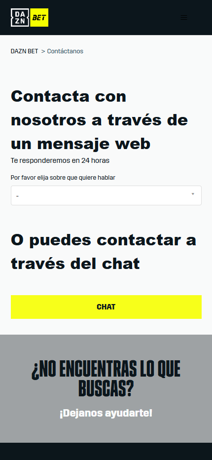 Pantalla de soporte de la aplicación móvil de DAZN Bet mostrando opciones de ayuda en directo