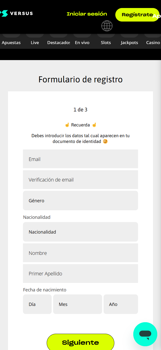 Proceso de registro en la app móvil de Versus