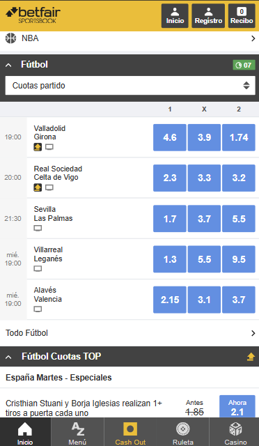 Página de inicio Betfair