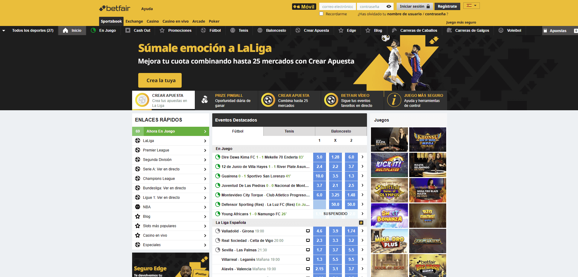 Sección de apuestas prepartido de Betfair