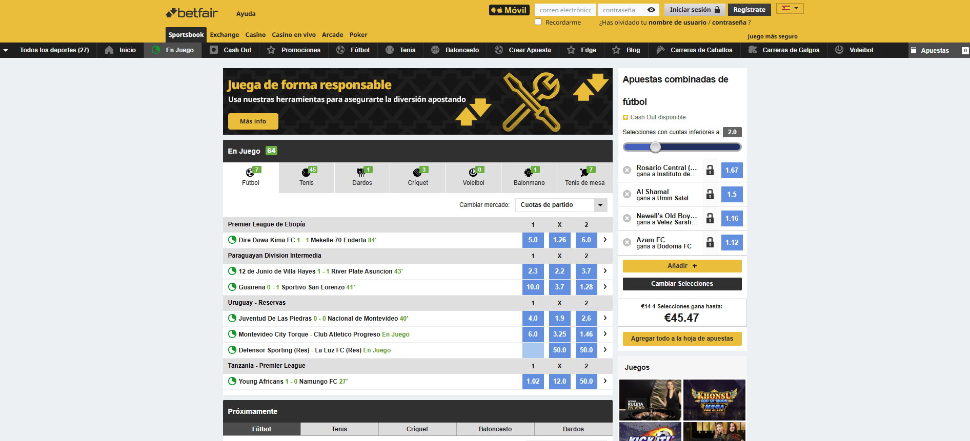 Sección de apuestas en vivo de Betfair