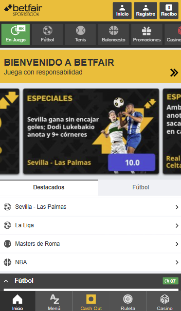 Página principal de Betfair móvil