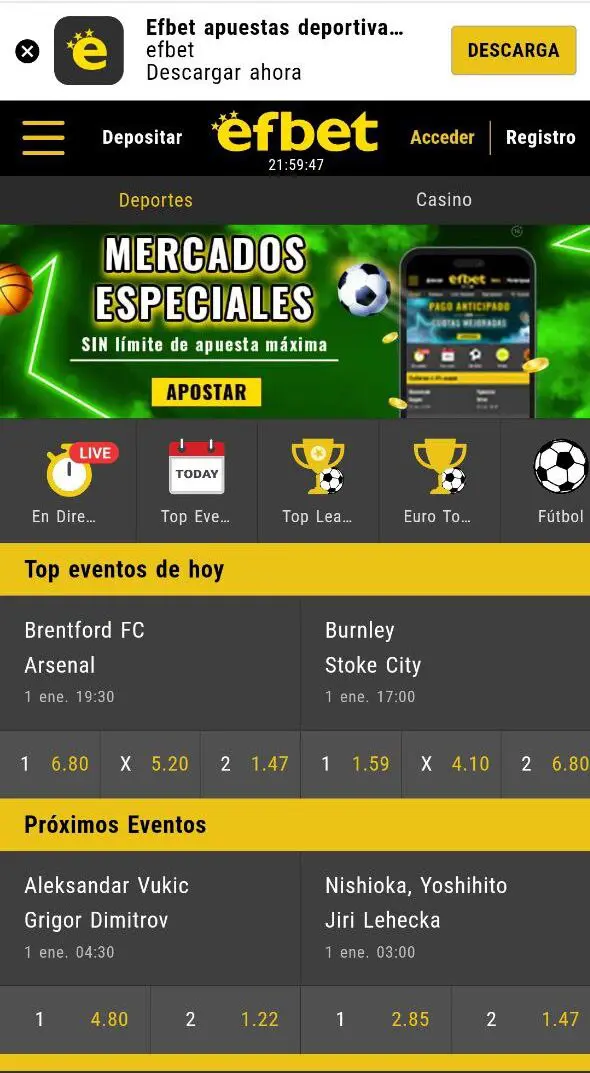 Schermata principale dell app Efbet