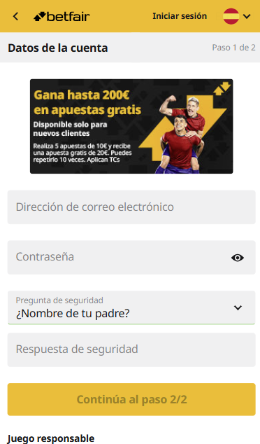 Interfaz del formulario de registro de Betfair destacando el campo para el código de bono