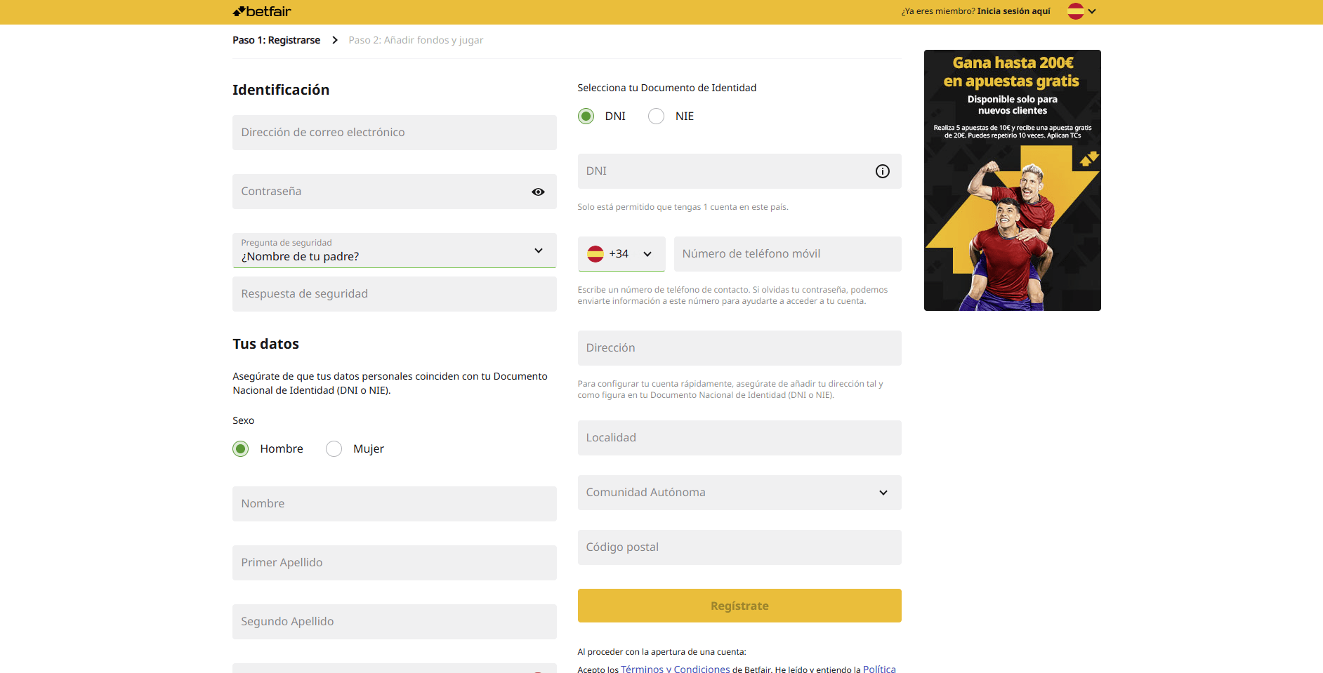 Pagina de registro de Betfair