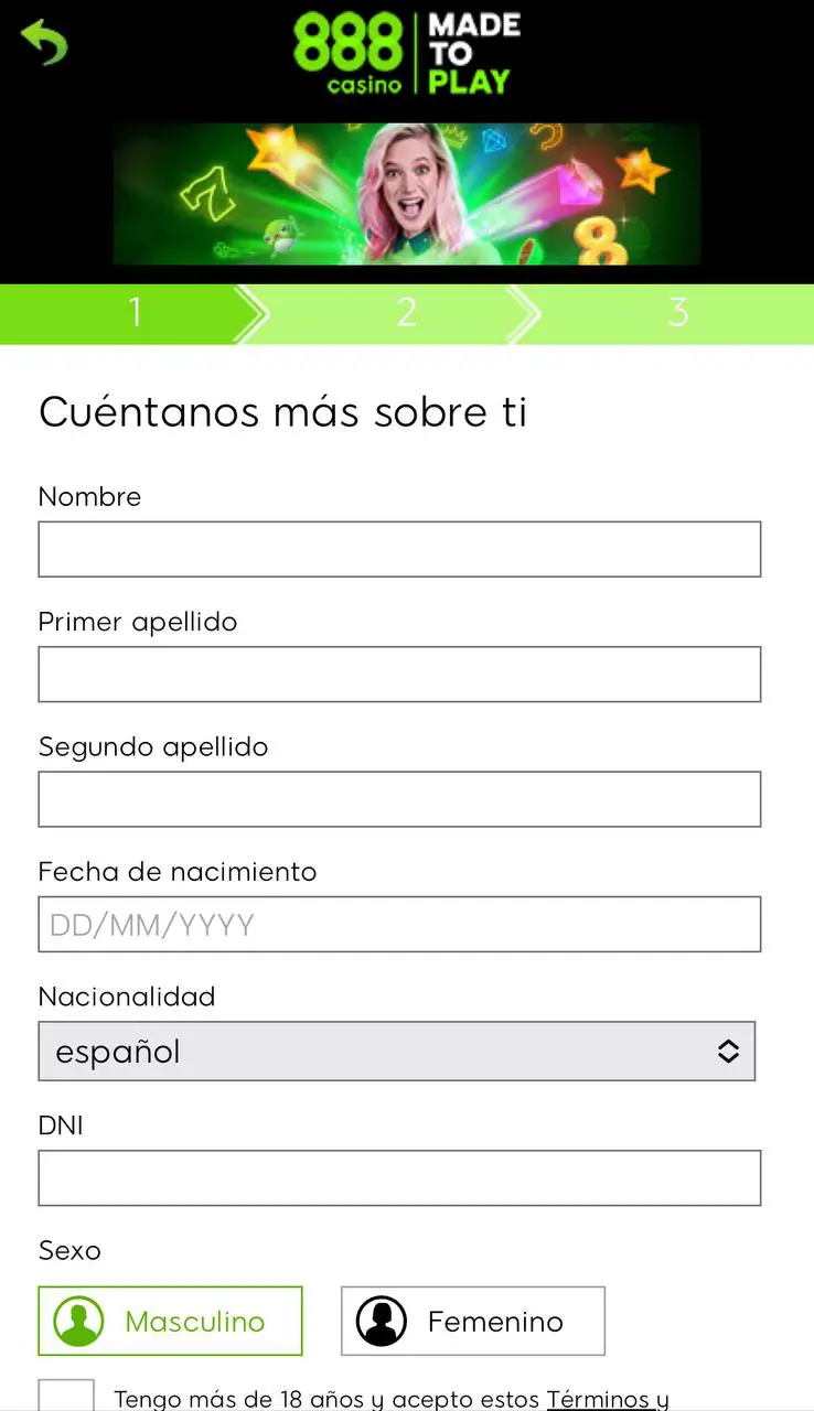 Proceso de registro en 888casino mostrando el formulario y la verificación