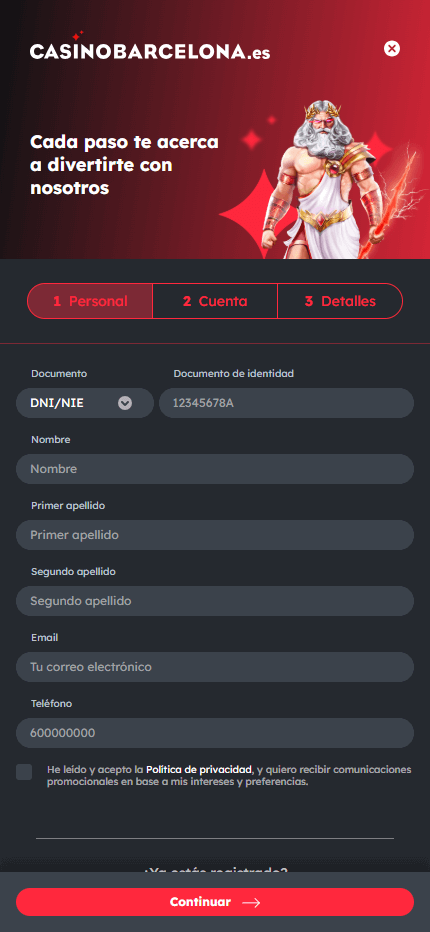 Pantalla del proceso de registro en móvil de Casino Barcelona mostrando campos de formulario