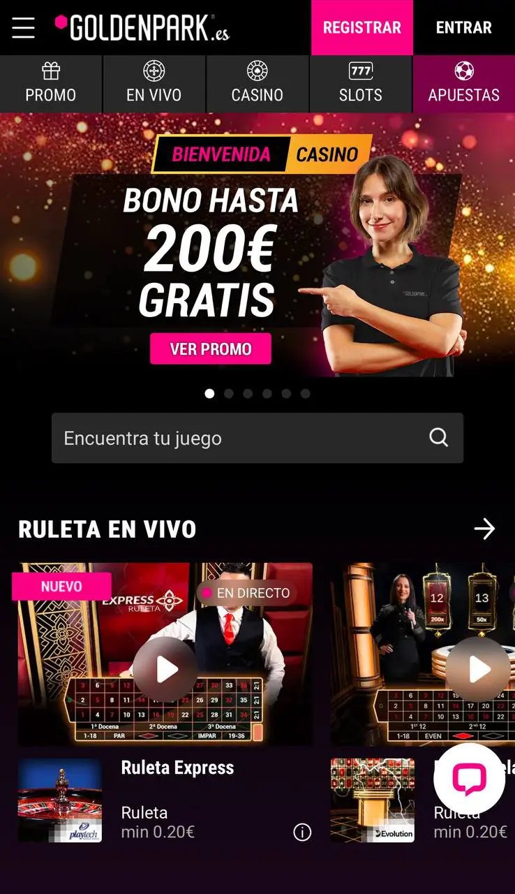 Captura de la página de inicio de GoldenPark mostrando eventos deportivos y casino en vivo