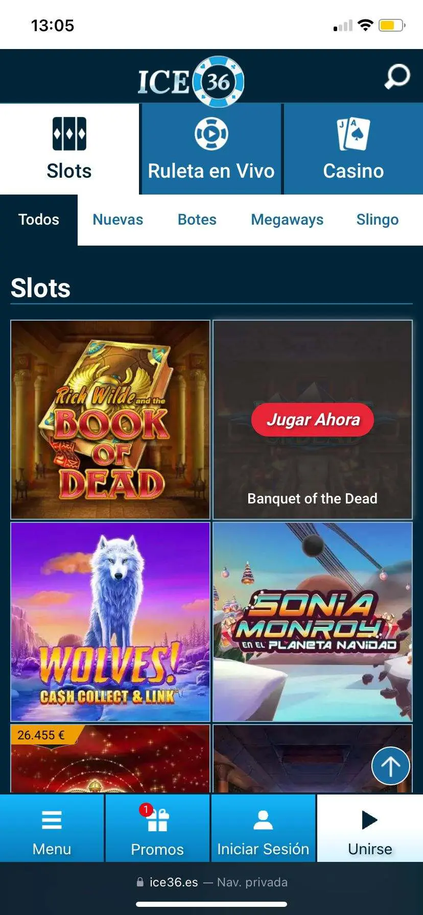 Screenshot of Ice36 app slots interface
