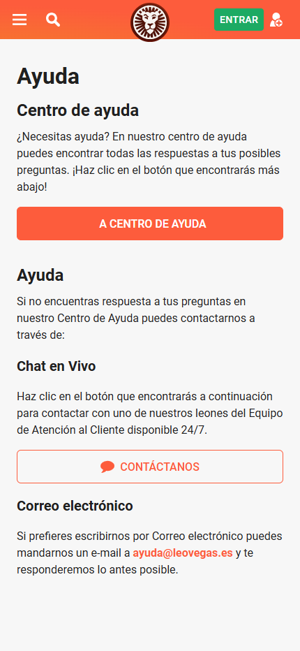 LeoVegas soporte técnica en pantalla móvil