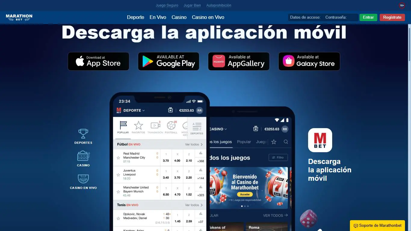 Marathonbet mobilapp interface