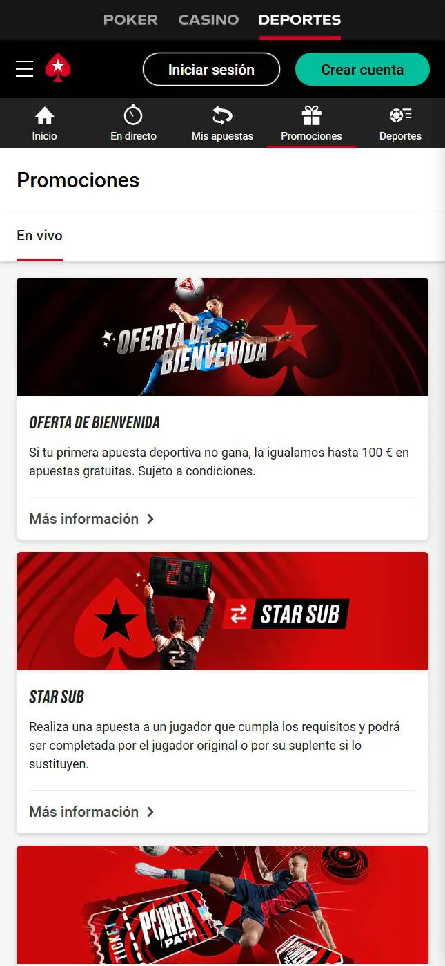 Interfaz móvil mostrando las promociones activas en PokerStars