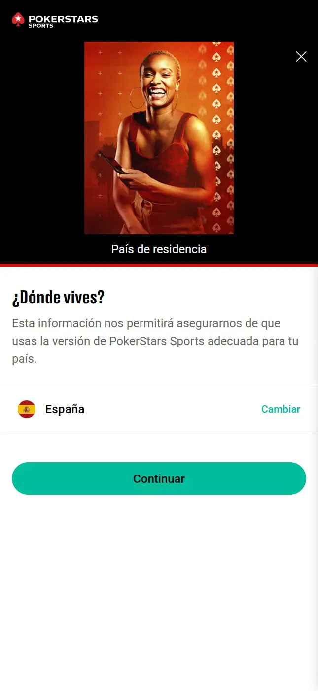 Captura de pantalla del proceso de registro móvil en PokerStars