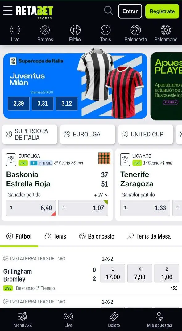 Página principal de apuestas deportivas en Retabet