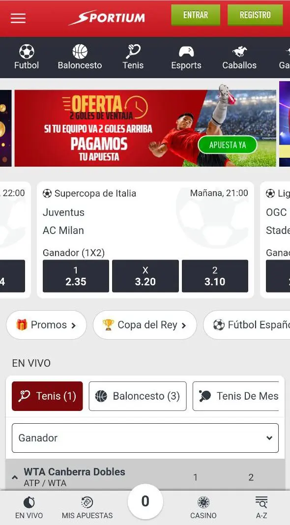 Interfaz de apuestas deportivas en Sportium