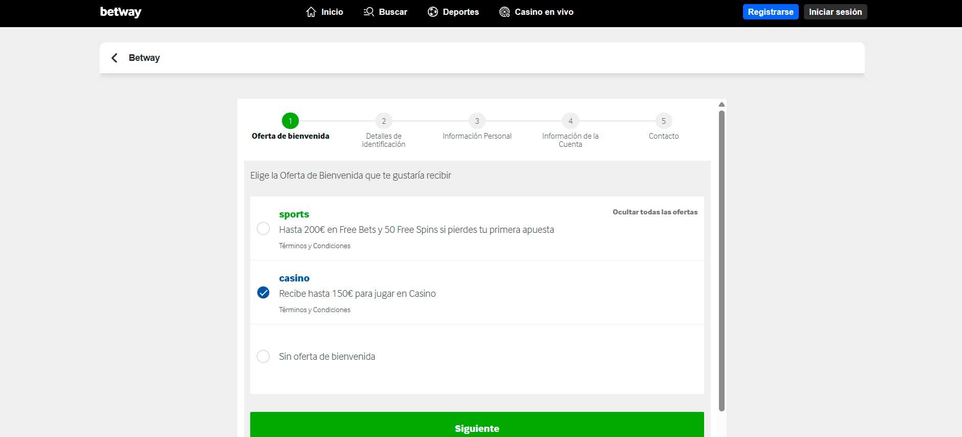 Registro en el casino Betway