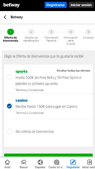 Registro desde el movil en Betway