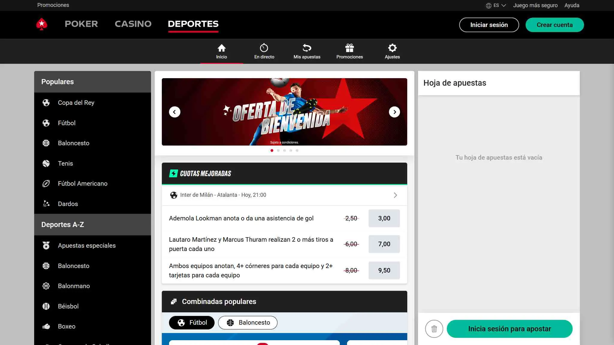 Interfaz de Sport PokerStars
