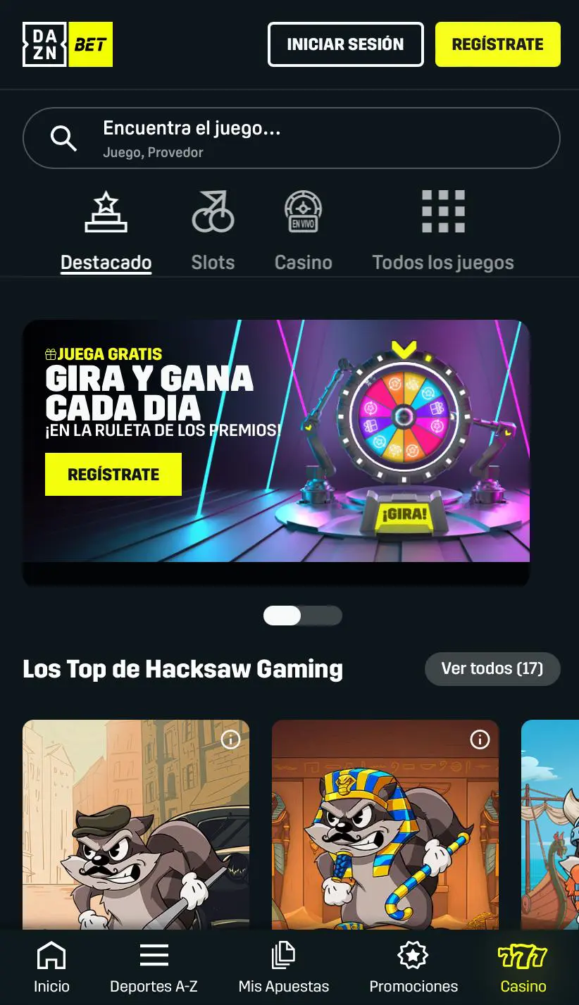 Pantalla de inicio de la app DAZNbet Casino en dispositivo móvil