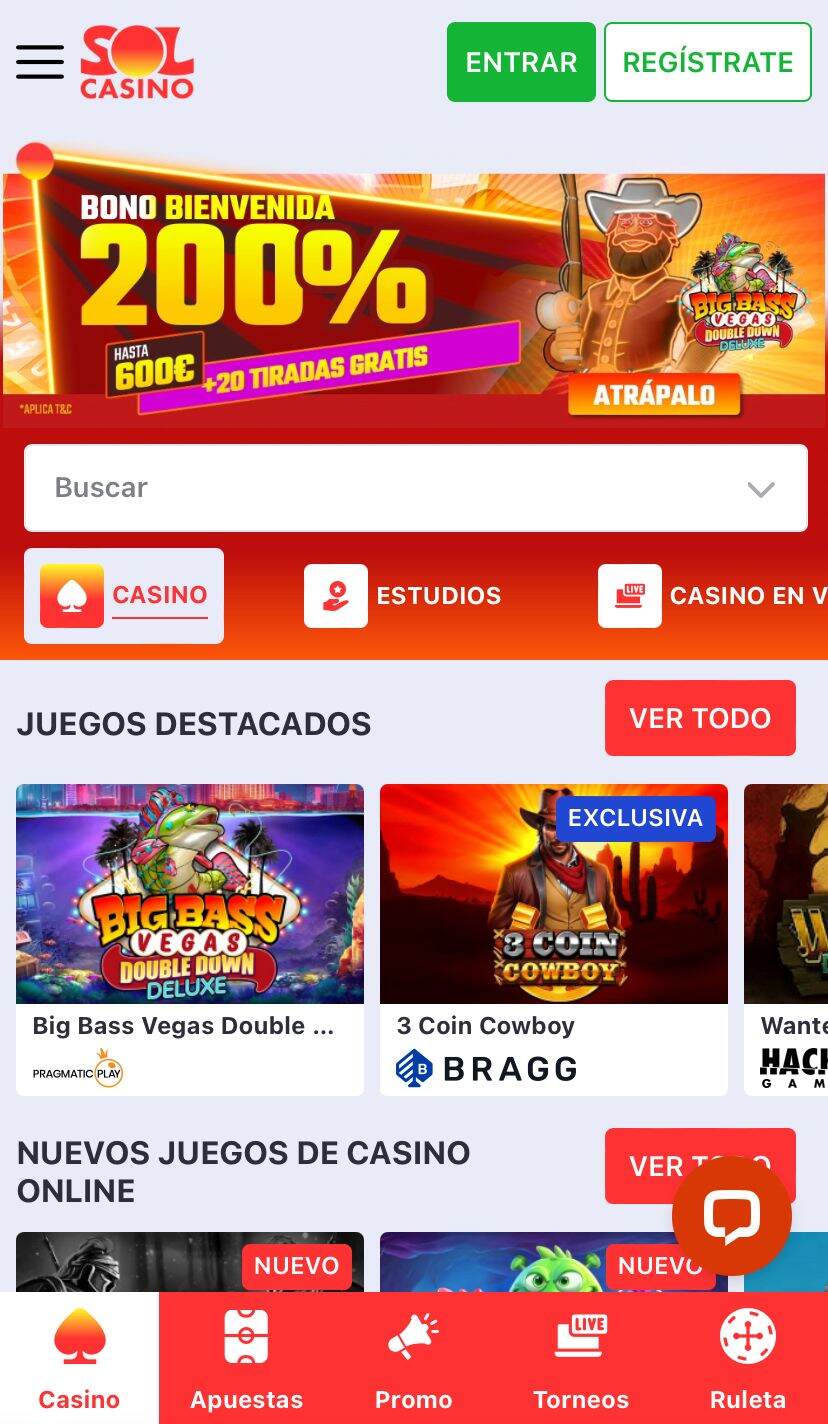 Pagina principal de Sol Casino
