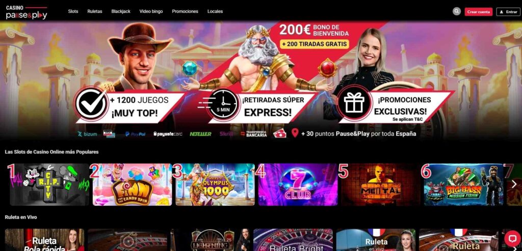 Pause and Play casino homepage