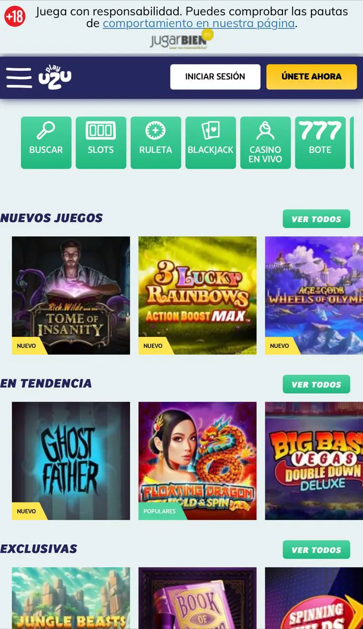 Interfaz móvil del casino Playuzu mostrando una selección de tragaperras populares
