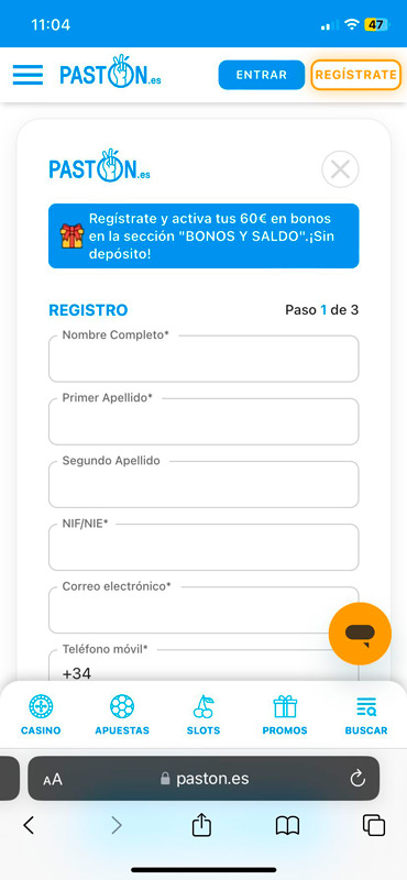 Registro en Pastón desde móvil