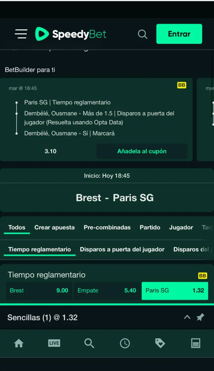 Interfaz de apuestas deportivas en SpeedyBet mostrando mercados de fútbol en tiempo real