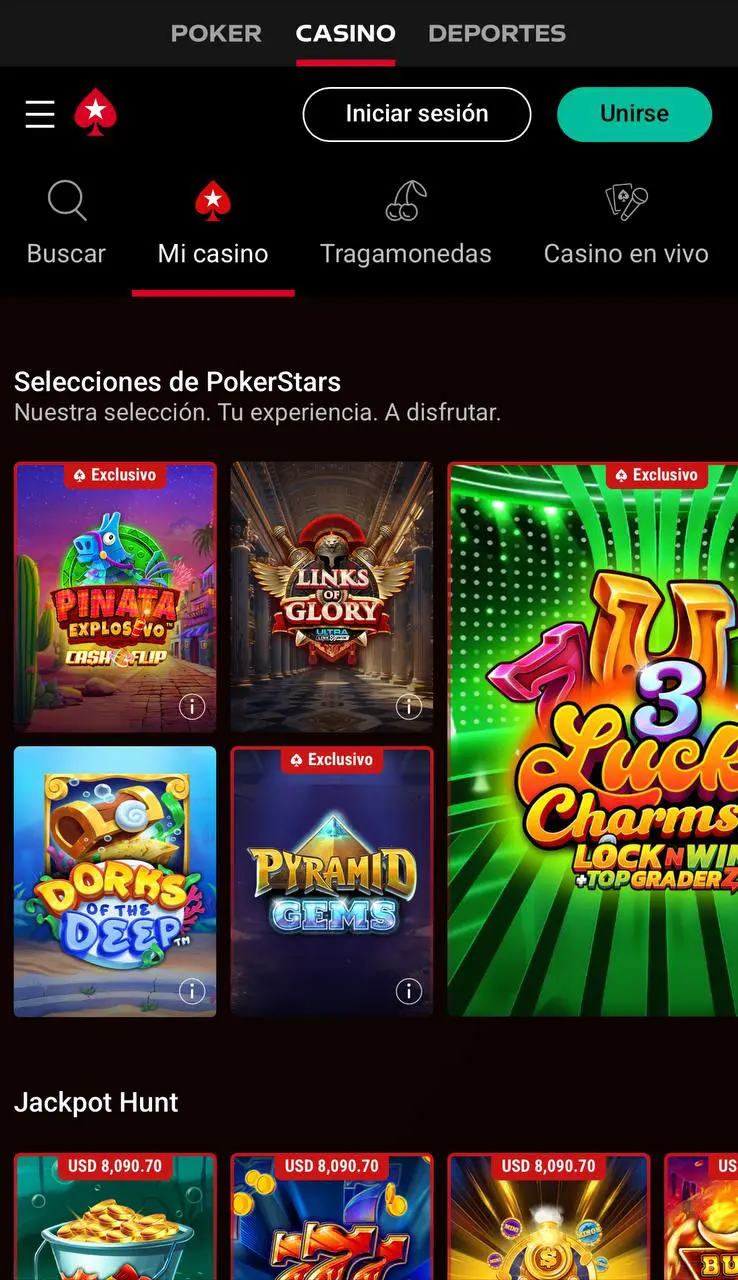 Interfaz móvil de PokerStars Casino mostrando juegos y apuestas