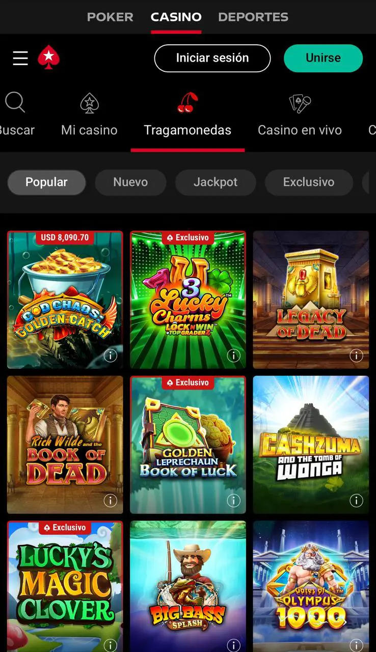 Interfaz de PokerStars en dispositivos móviles