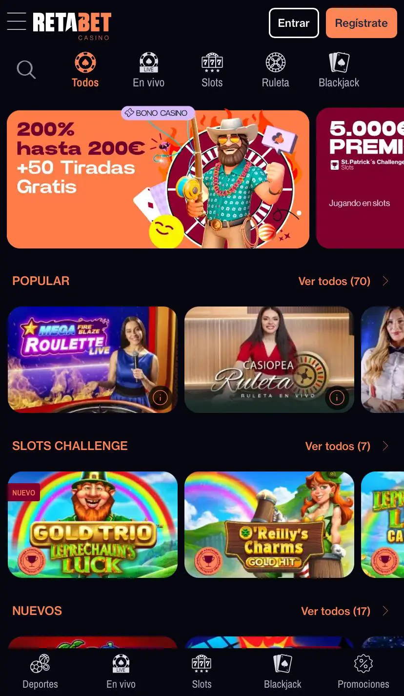 Interfaz de Retabet Casino