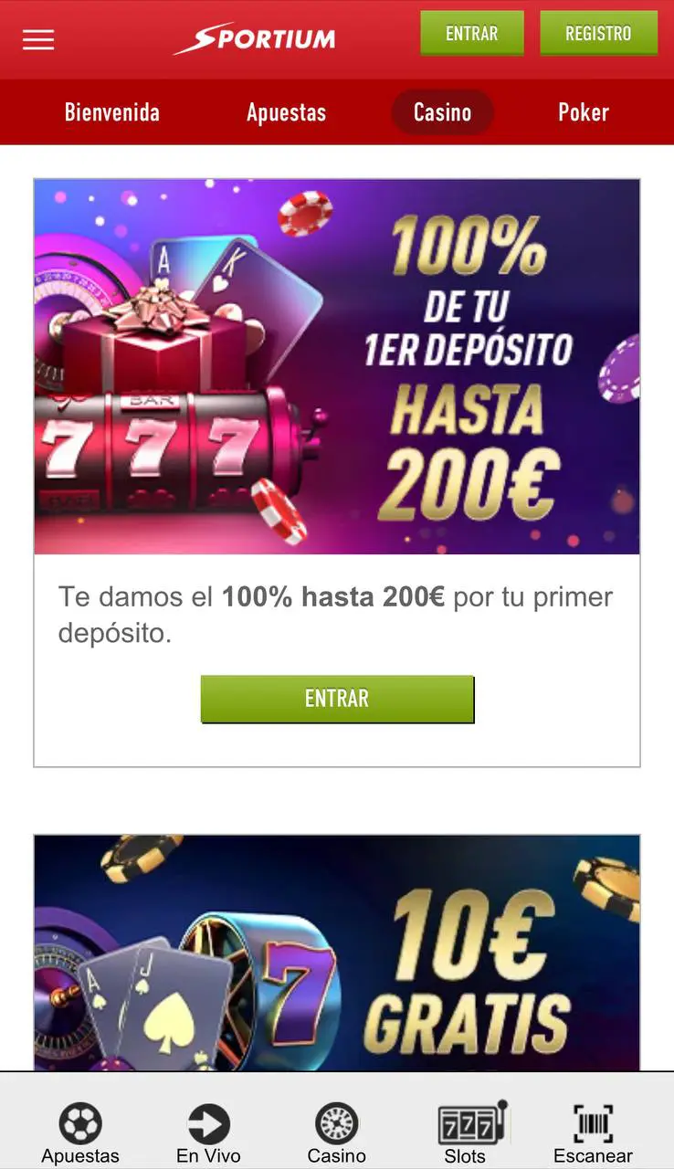 Interfaz móvil de Sportium mostrando promociones activas