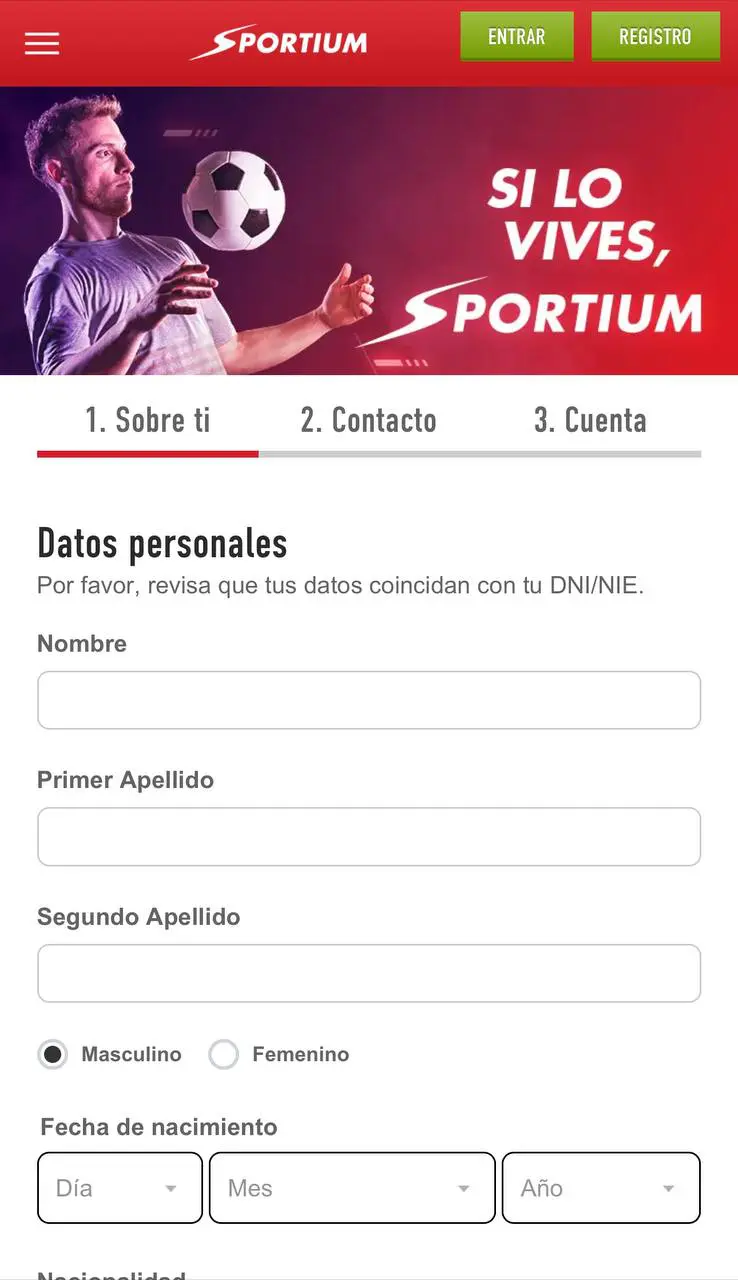 Proceso de registro móvil en Sportium Casino mostrando la interfaz del formulario
