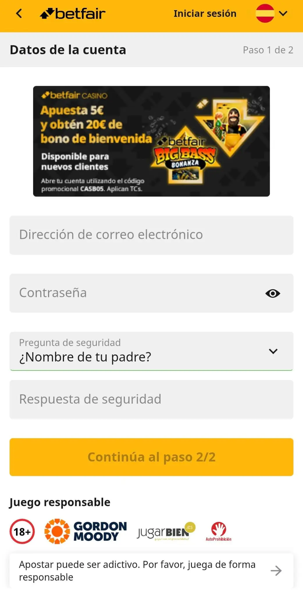 Captura de pantalla del registro en Betfair casino móvil
