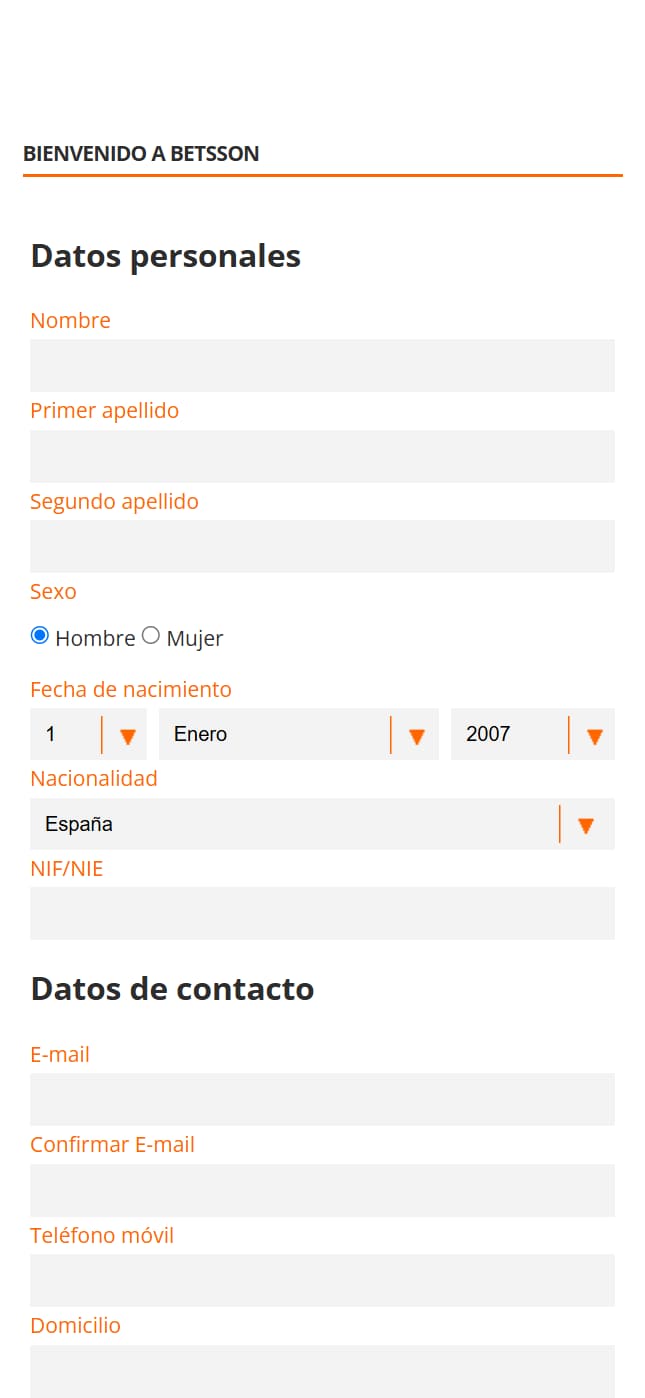 Proceso de registro en Betsson Casino desde el móvil