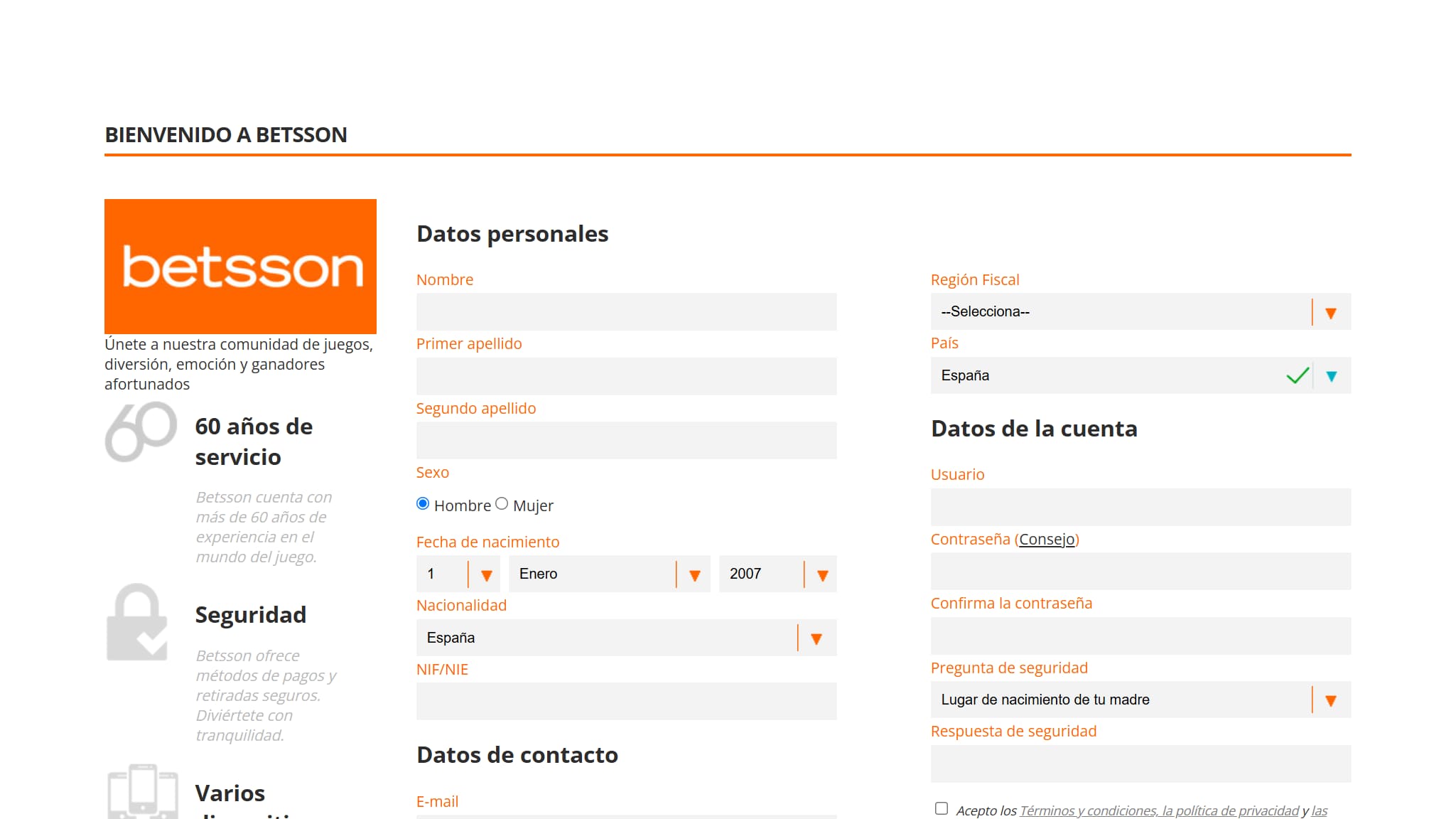 Proceso de registro en Betsson Casino