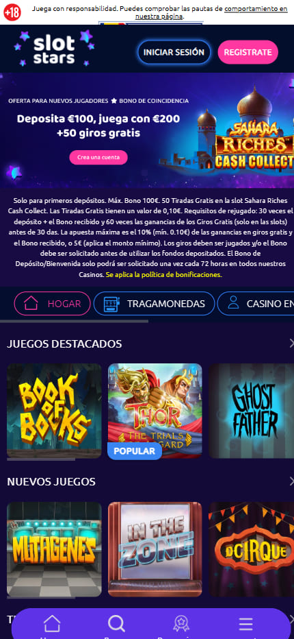 Página de inicio de SlotStars móvil