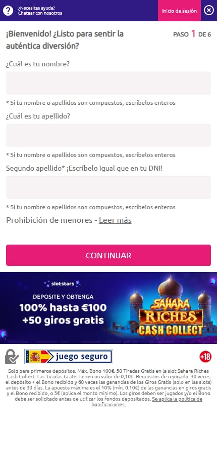 Proceso de registro en SlotStars desde el móvil