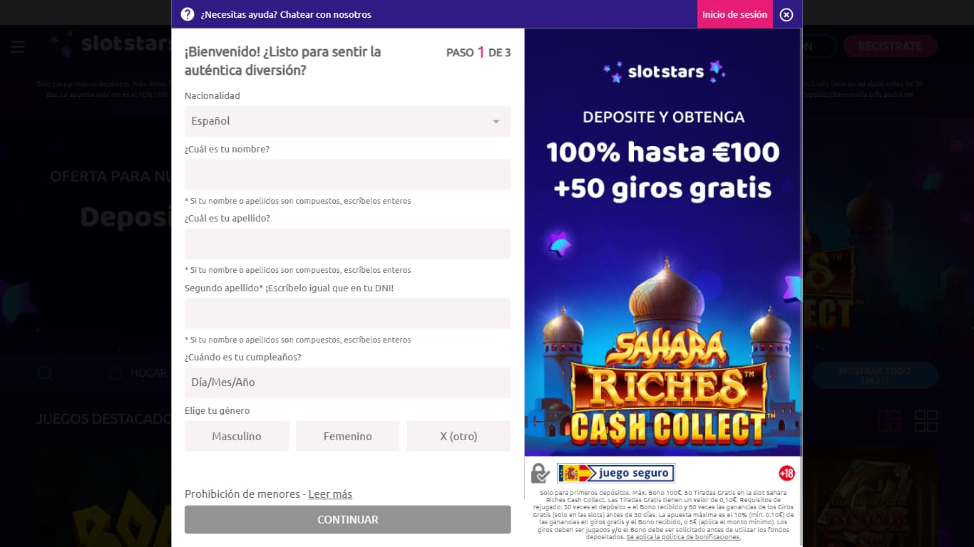 Proceso de registro en SlotStars