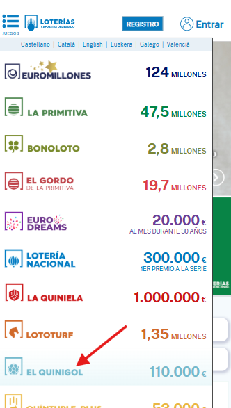 Sección de Quinigol en móvil